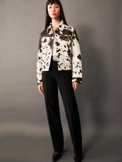 Tamsin | Women's Faux Fur Animal Print Button Up Cropped Trucker Jacket