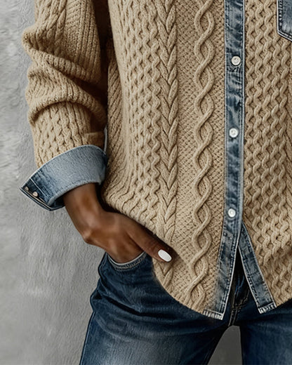 Sierra | Women's Cable Knit Button-Front Denim-Look Long Sleeve Shirt