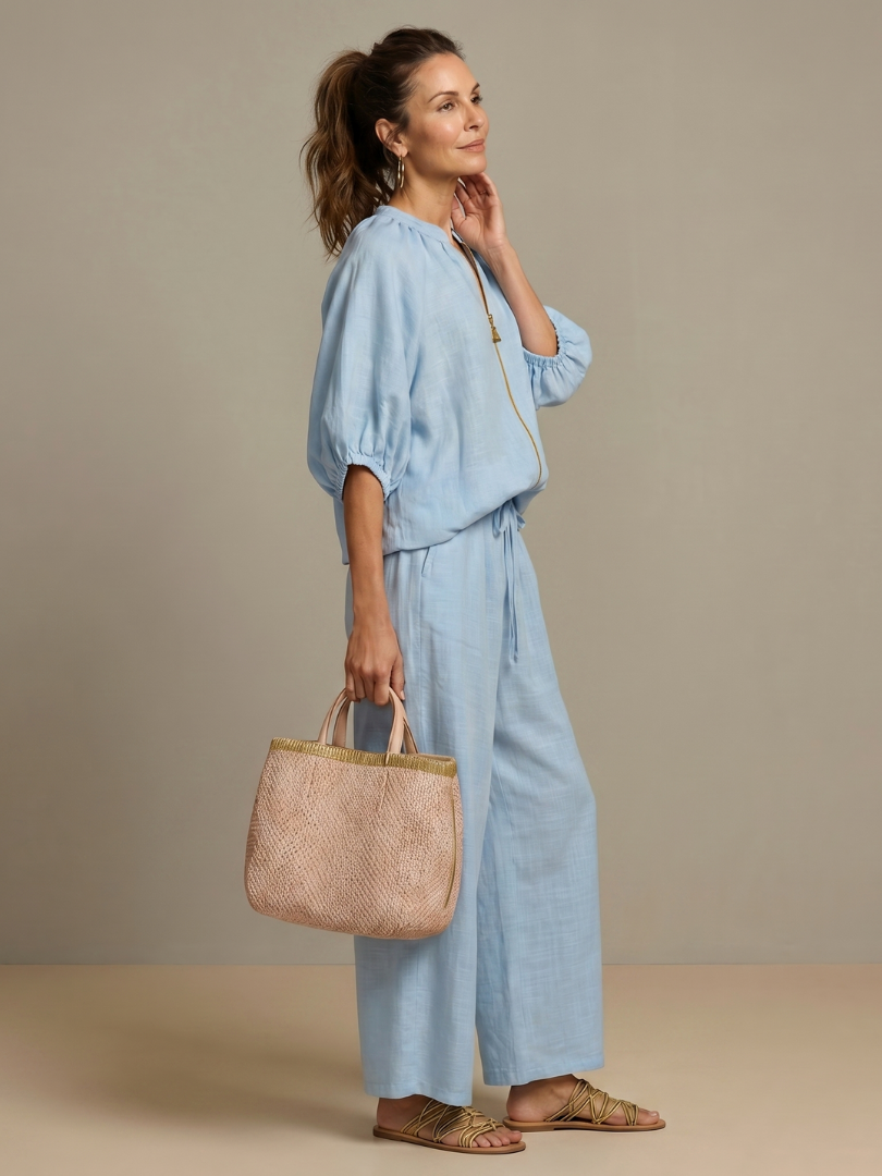 Carol | Women's Linen Blend Zip-Front Balloon Sleeve Wide Leg Two-Piece Set