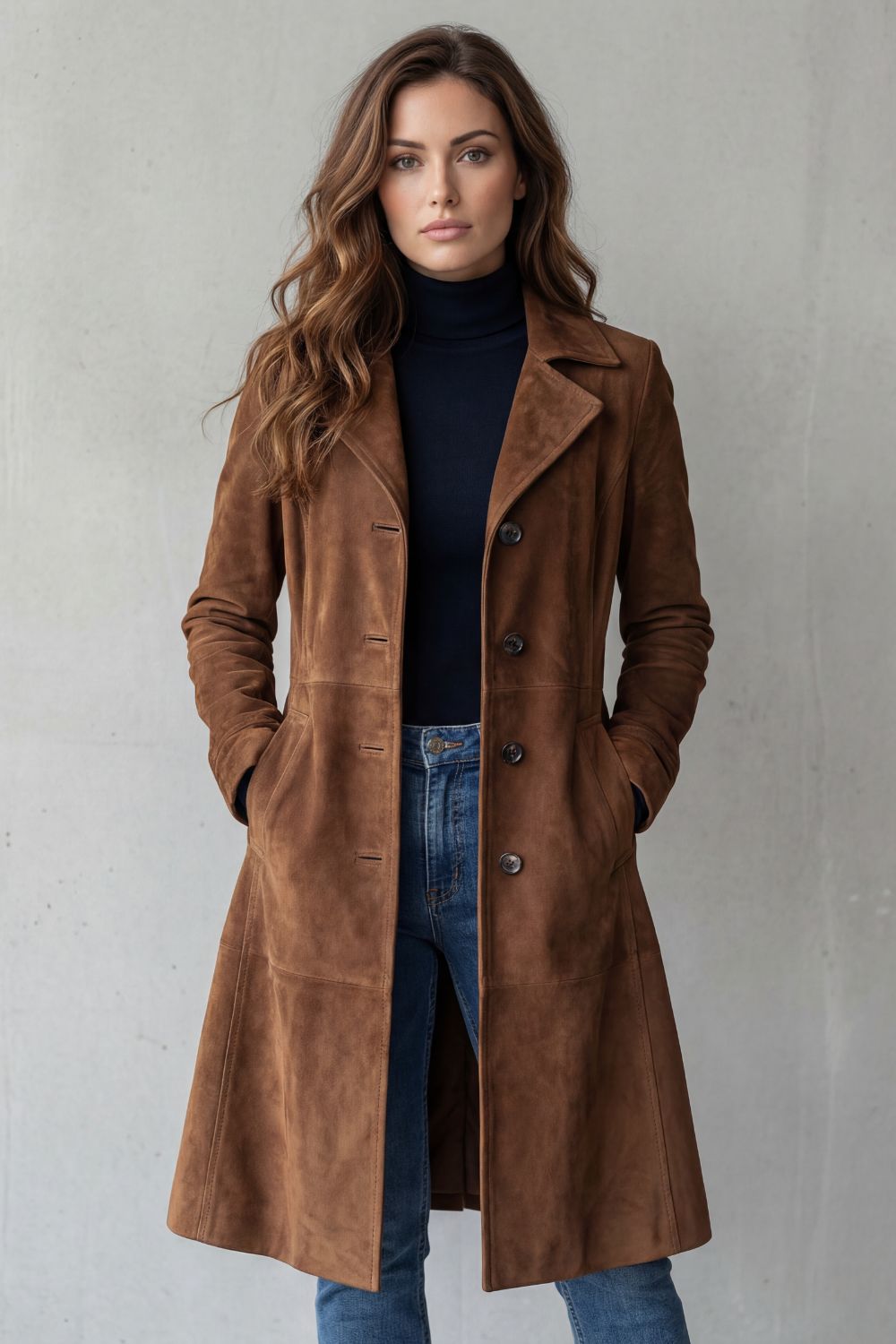 Ondine | Women's Vintage Suede-Look Single-Breasted Fitted Midi Fall Coat