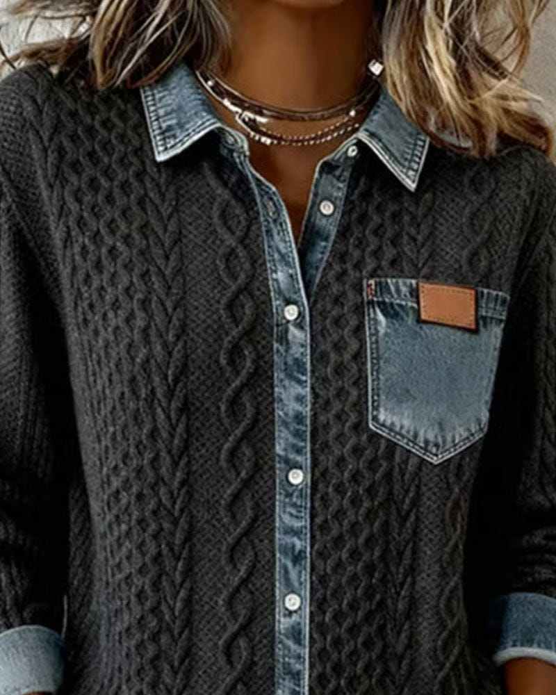 Sierra | Women's Cable Knit Button-Front Denim-Look Long Sleeve Shirt