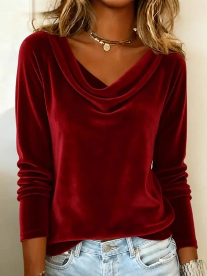 Elysande | Women's Relaxed Fit Velvet Cowl Neck Long Sleeve Blouse