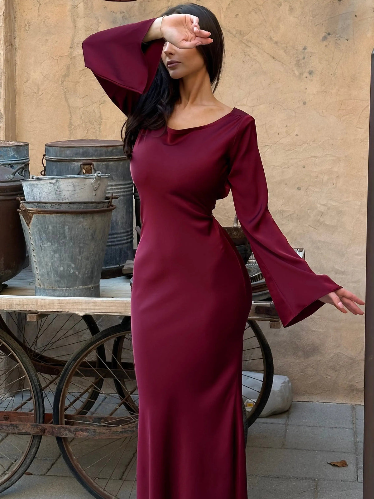 Lucienne | Women's Bell Sleeve Scoop Neck Satin Mermaid Evening Maxi Dress