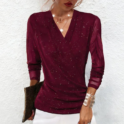 Estella | Women's Sparkly Party Long Sleeve Wrap V Neck Mesh Top