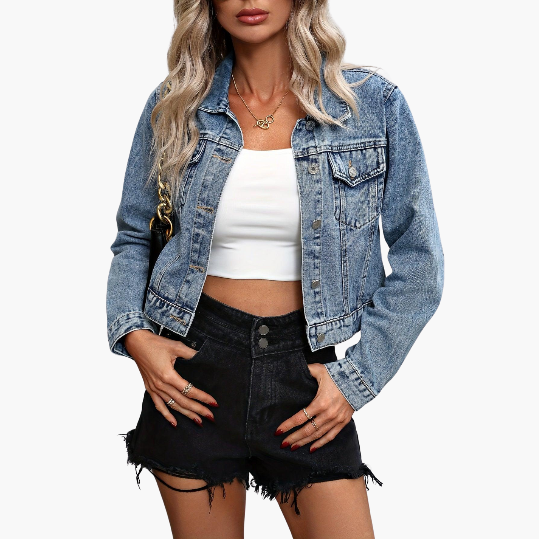 Cleora | Women's Cropped Denim Jacket With Chest Pockets