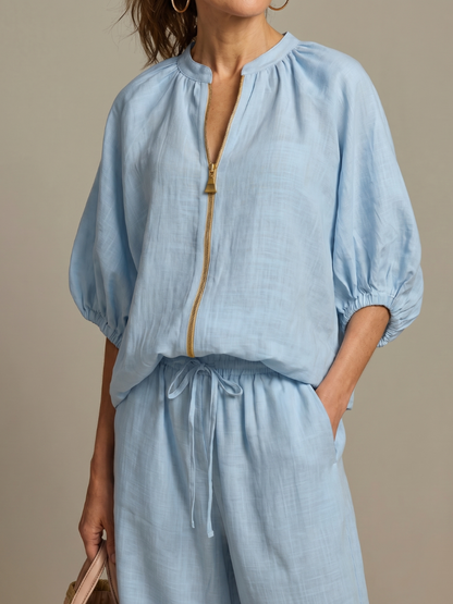 Carol | Women's Linen Blend Zip-Front Balloon Sleeve Wide Leg Two-Piece Set