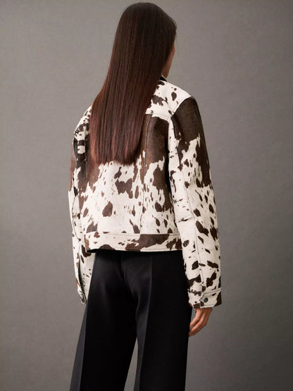 Tamsin | Women's Faux Fur Animal Print Button Up Cropped Trucker Jacket
