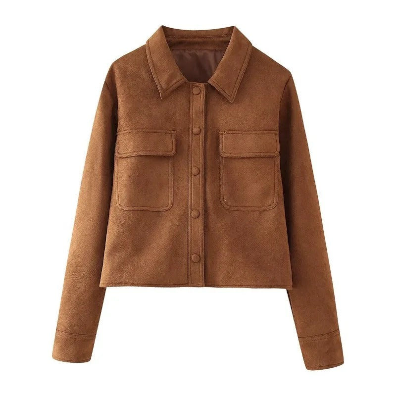 Giselle | Women's Brown Cropped Button-Front Chore Jacket