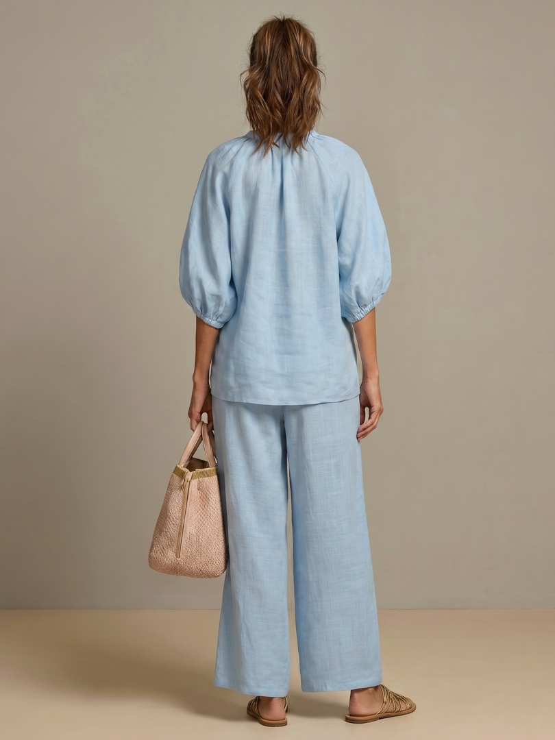 Carol | Women's Linen Blend Zip-Front Balloon Sleeve Wide Leg Two-Piece Set