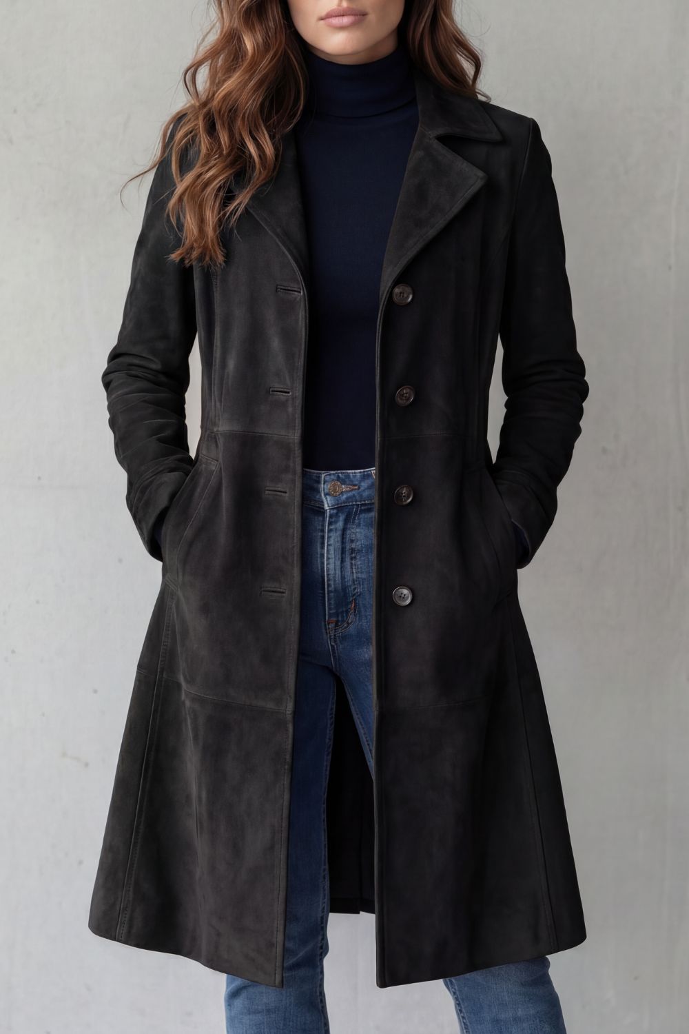 Ondine | Women's Vintage Suede-Look Single-Breasted Fitted Midi Fall Coat