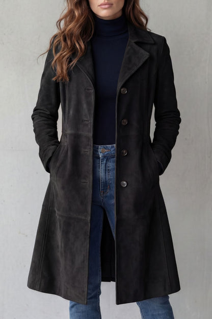 Ondine | Women's Vintage Suede-Look Single-Breasted Fitted Midi Fall Coat