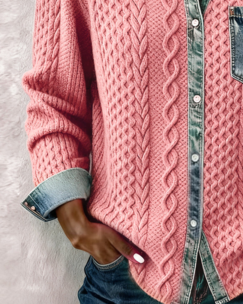 Sierra | Women's Cable Knit Button-Front Denim-Look Long Sleeve Shirt
