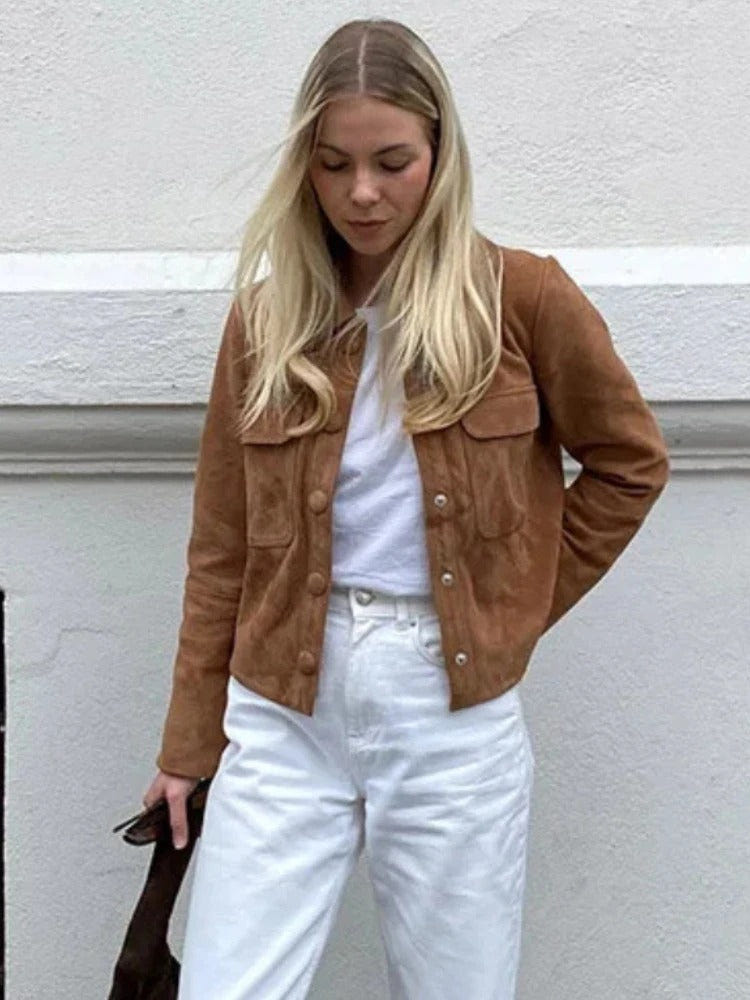 Giselle | Women's Brown Cropped Button-Front Chore Jacket
