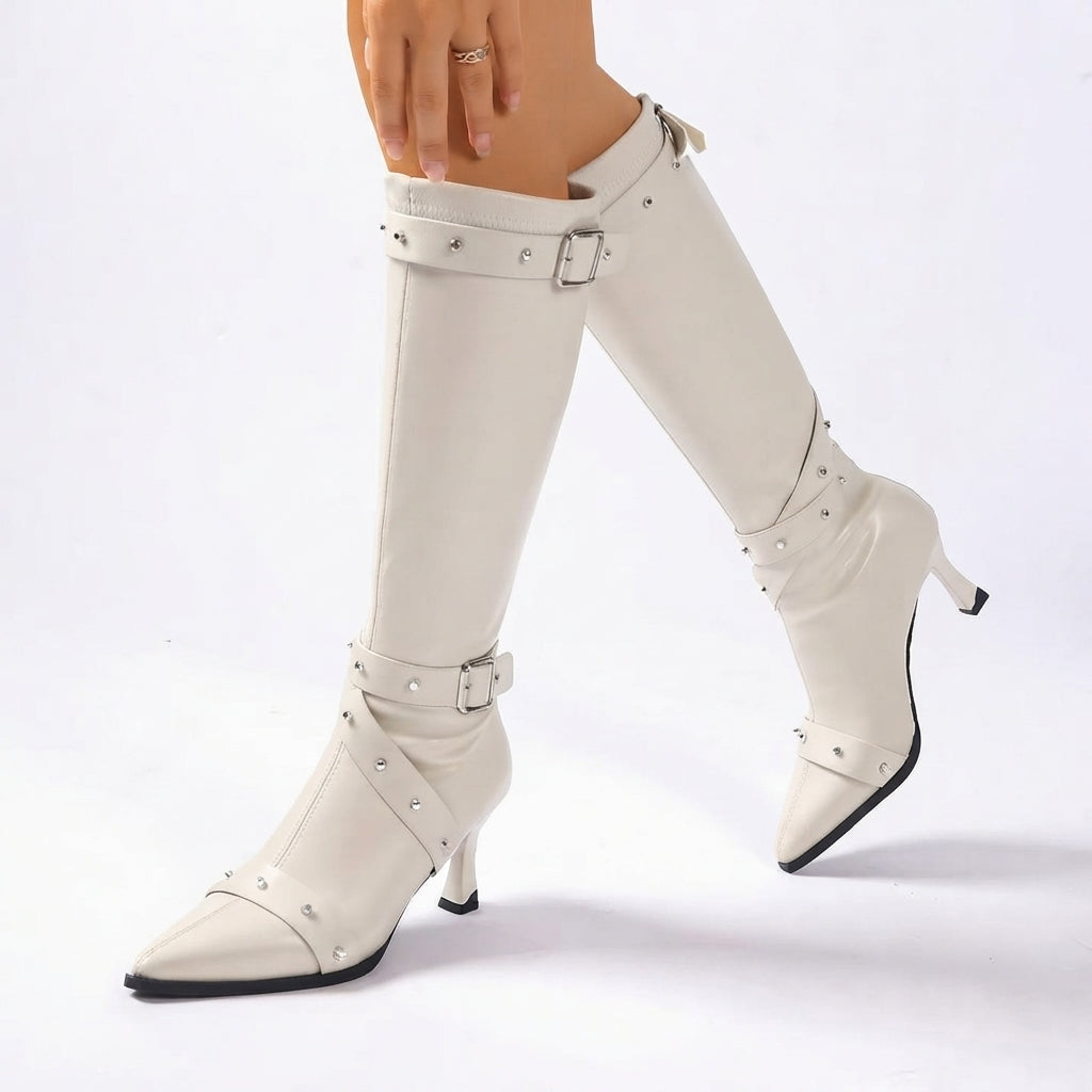 Isabel | Women's Studded Buckle Faux Leather Pointed Toe Block Heel Knee High Boot
