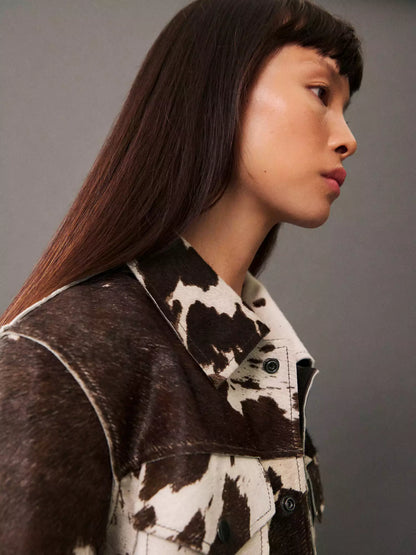 Tamsin | Women's Faux Fur Animal Print Button Up Cropped Trucker Jacket