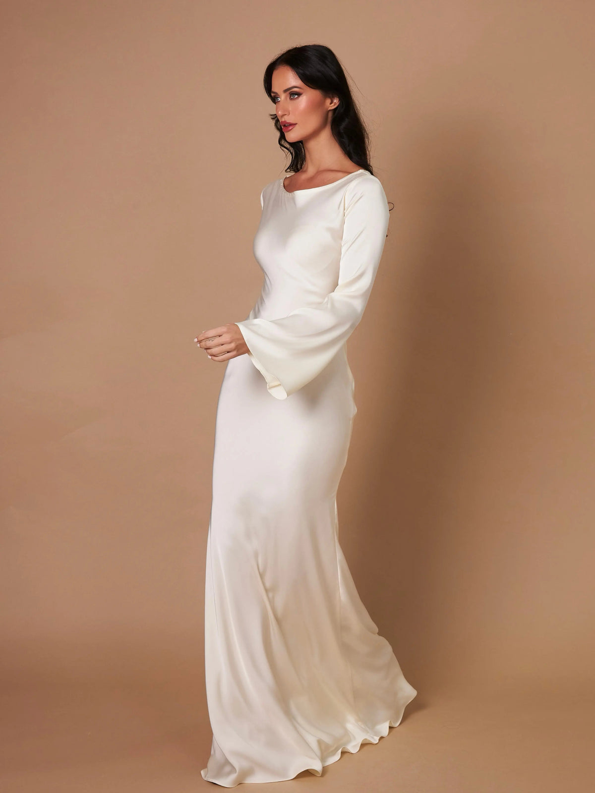 Lucienne | Women's Bell Sleeve Scoop Neck Satin Mermaid Evening Maxi Dress