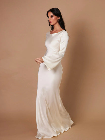 Lucienne | Women's Bell Sleeve Scoop Neck Satin Mermaid Evening Maxi Dress