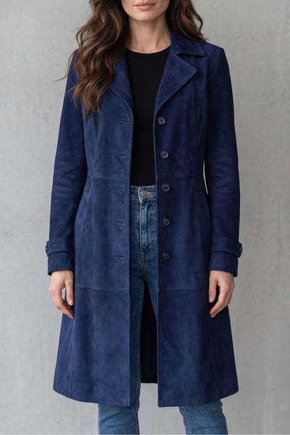 Ondine | Women's Vintage Suede-Look Single-Breasted Fitted Midi Fall Coat
