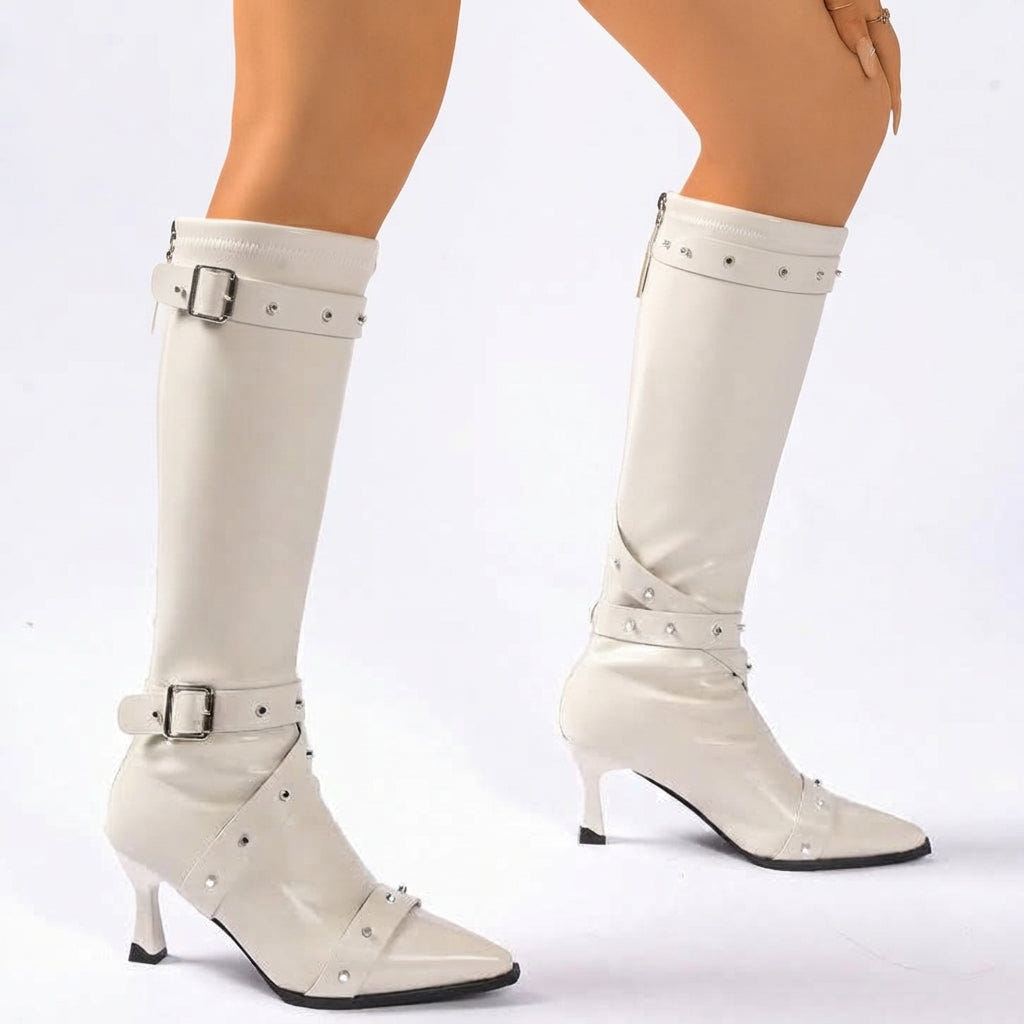 Isabel | Women's Studded Buckle Faux Leather Pointed Toe Block Heel Knee High Boot