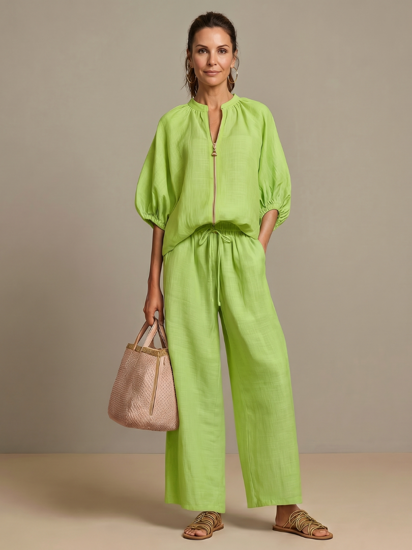 Carol | Women's Linen Blend Zip-Front Balloon Sleeve Wide Leg Two-Piece Set