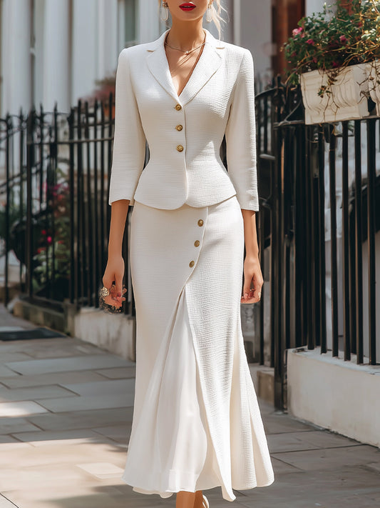 Clementine | Women's Elegant Skirt Suit Fitted Blazer Fishtail Maxi Skirt Gold Button Co Ord Set