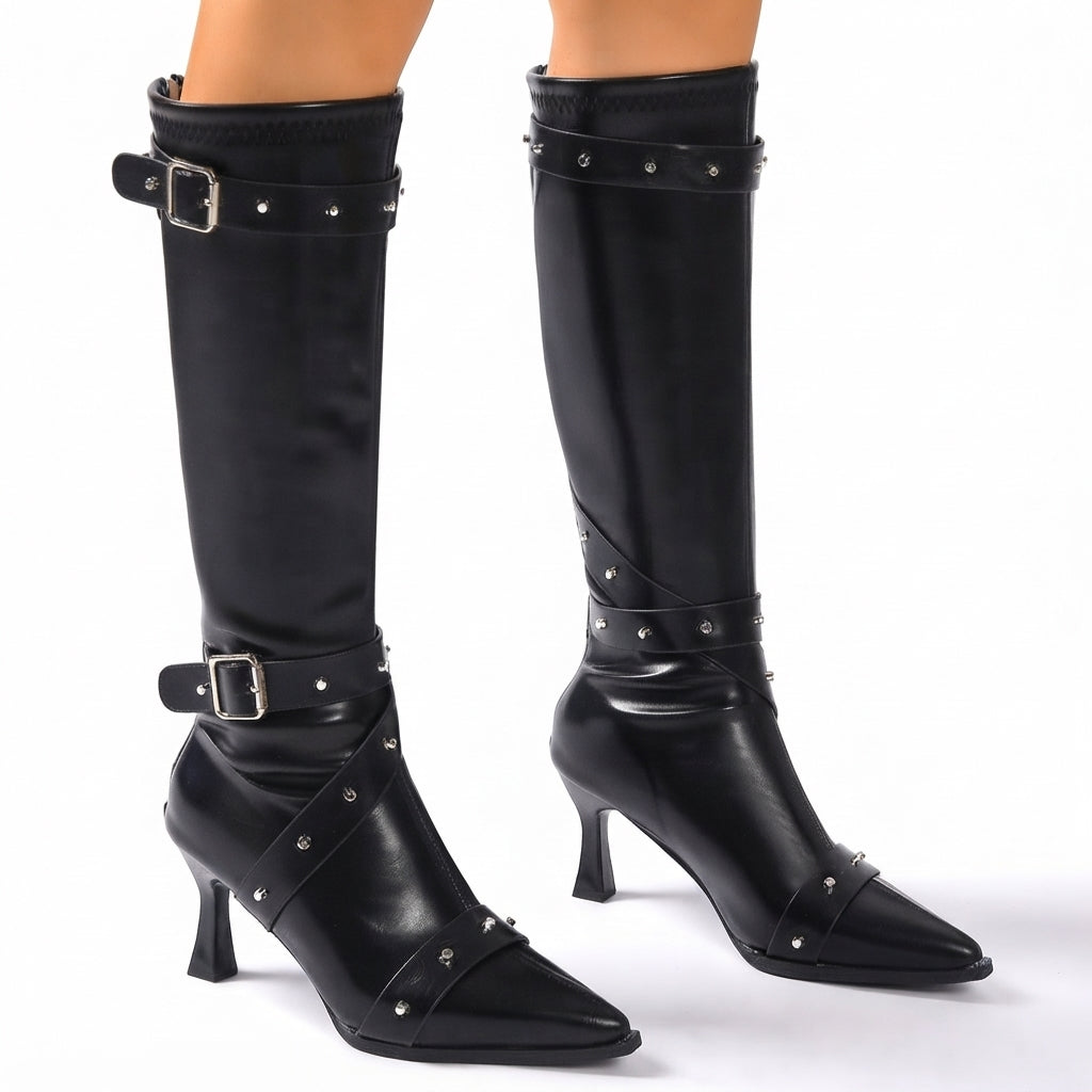 Isabel | Women's Studded Buckle Faux Leather Pointed Toe Block Heel Knee High Boot