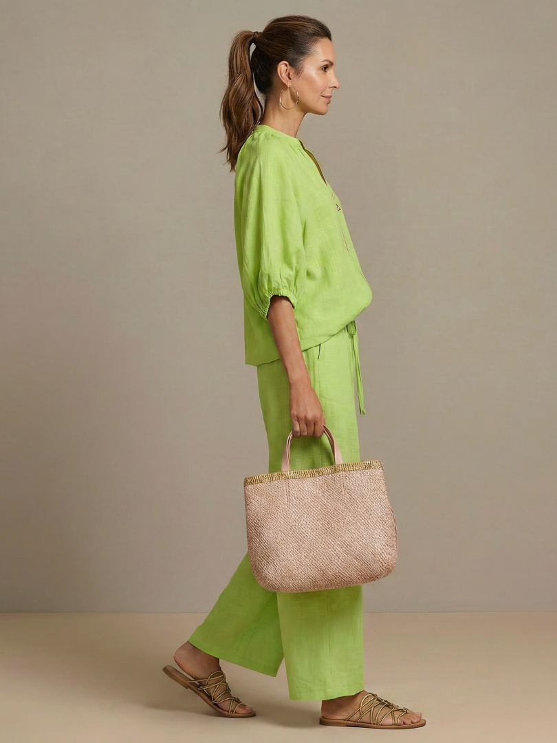 Carol | Women's Linen Blend Zip-Front Balloon Sleeve Wide Leg Two-Piece Set