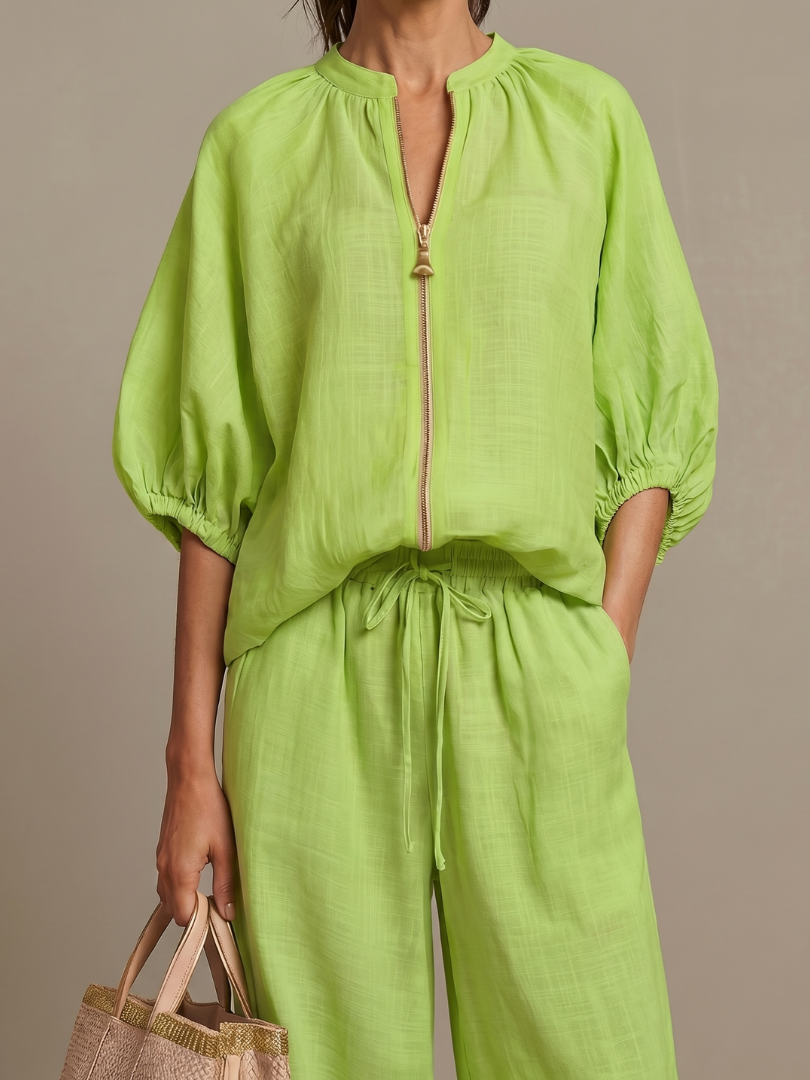 Carol | Women's Linen Blend Zip-Front Balloon Sleeve Wide Leg Two-Piece Set
