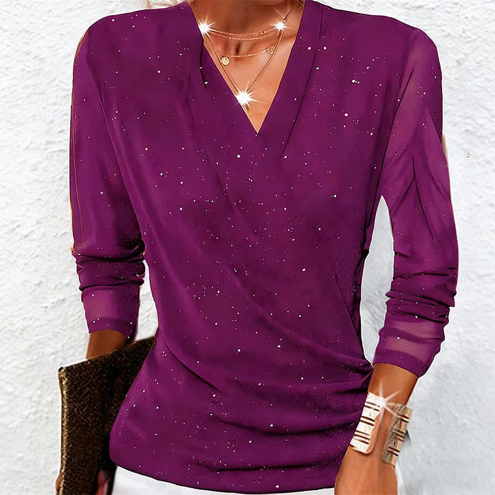 Estella | Women's Sparkly Party Long Sleeve Wrap V Neck Mesh Top