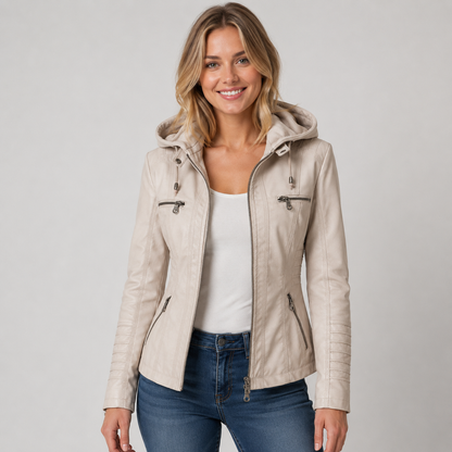 Ashley | Women's Faux Leather Hooded Biker Zip Up Jacket
