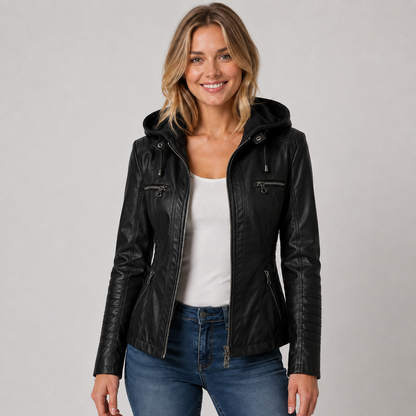 Ashley | Women's Faux Leather Hooded Biker Zip Up Jacket