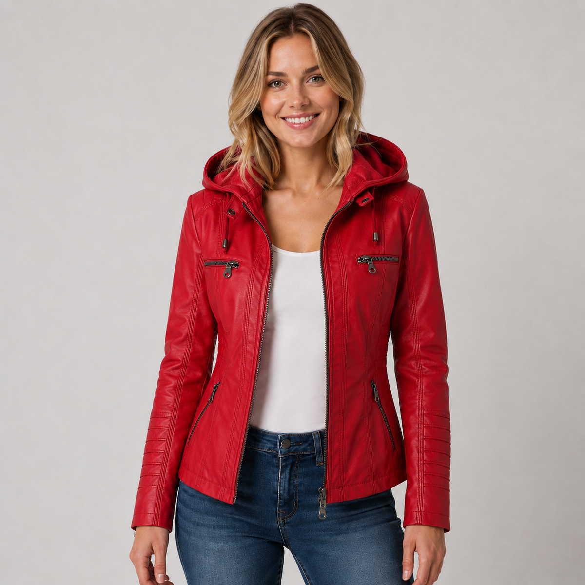 Ashley | Women's Faux Leather Hooded Biker Zip Up Jacket
