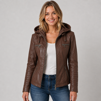 Ashley | Women's Faux Leather Hooded Biker Zip Up Jacket