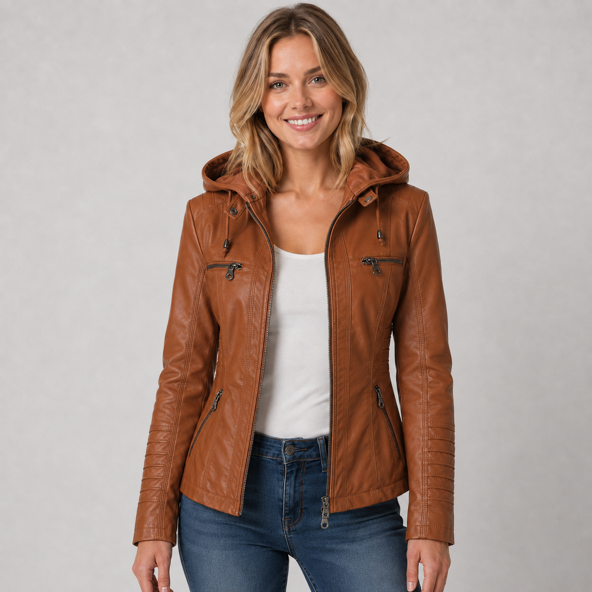Ashley | Women's Faux Leather Hooded Biker Zip Up Jacket
