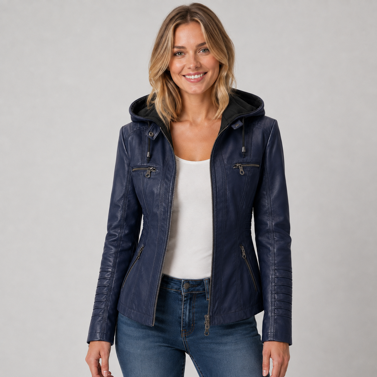 Ashley | Women's Faux Leather Hooded Biker Zip Up Jacket