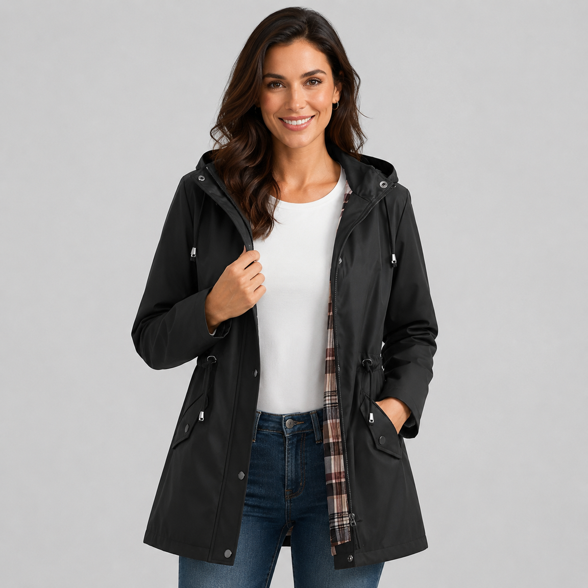 Antonia | Women's Hooded Plaid Lined Drawstring Spring Rain Jacket