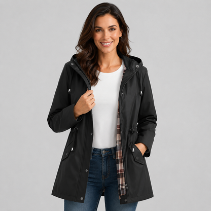 Antonia | Women's Hooded Plaid Lined Drawstring Spring Rain Jacket