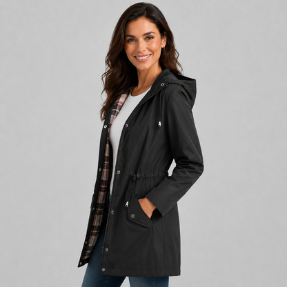 Antonia | Women's Hooded Plaid Lined Drawstring Spring Rain Jacket