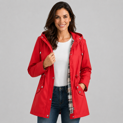 Antonia | Women's Hooded Plaid Lined Drawstring Spring Rain Jacket