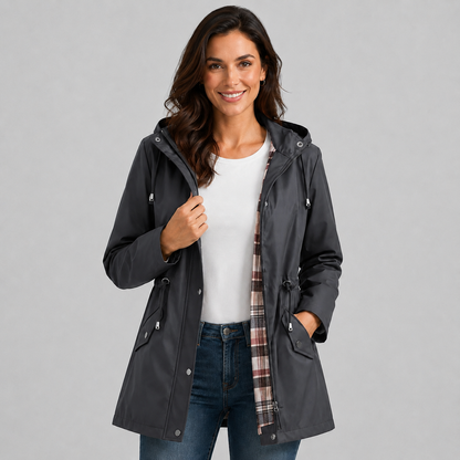 Antonia | Women's Hooded Plaid Lined Drawstring Spring Rain Jacket