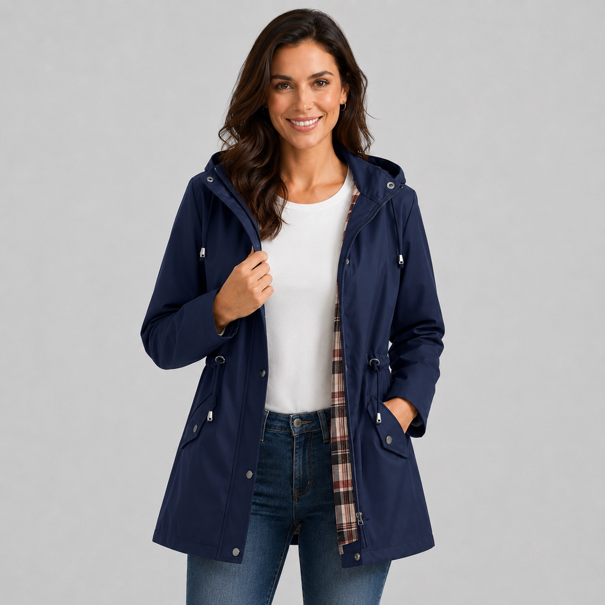 Antonia | Women's Hooded Plaid Lined Drawstring Spring Rain Jacket