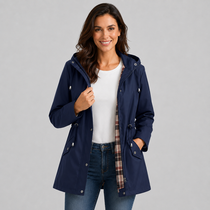 Antonia | Women's Hooded Plaid Lined Drawstring Spring Rain Jacket