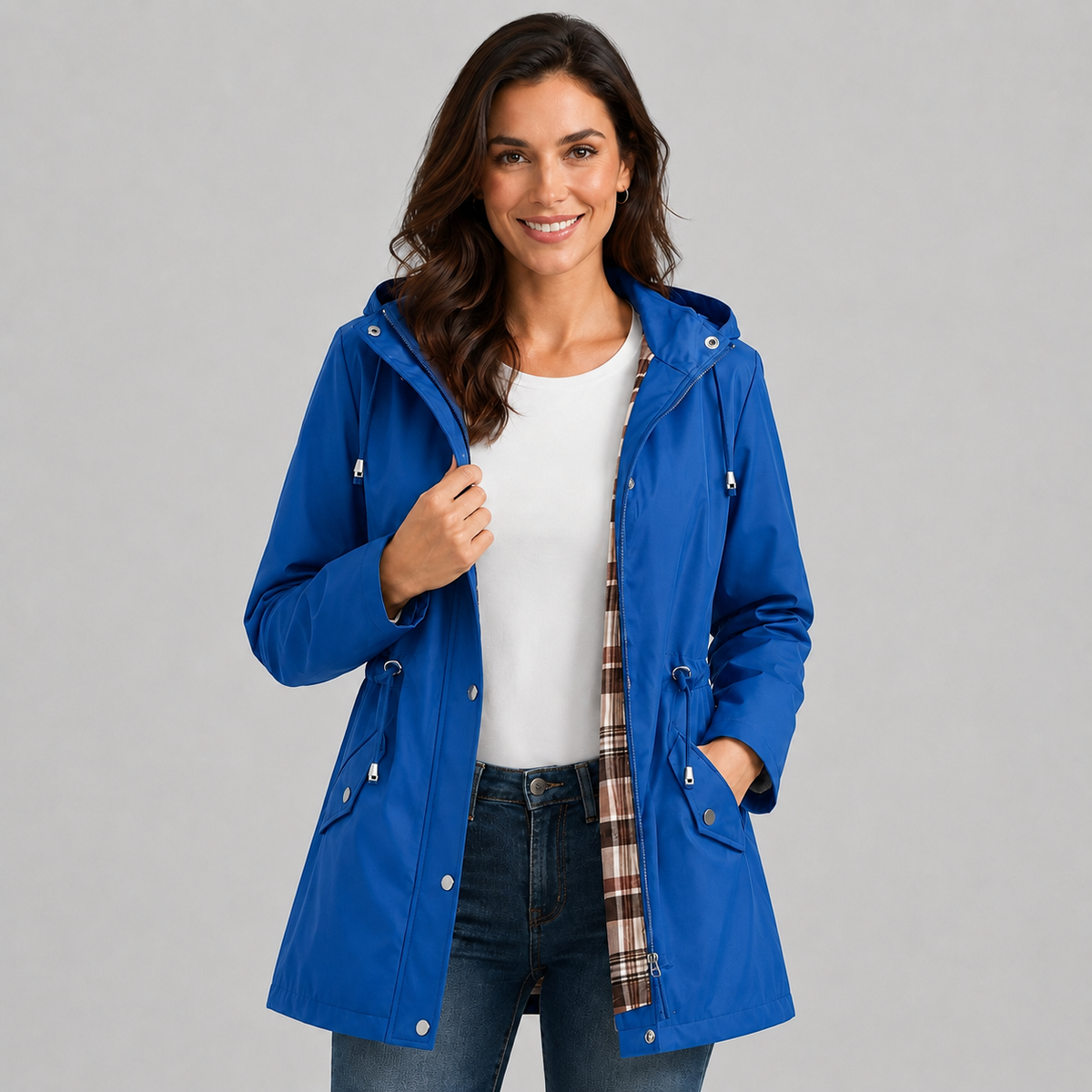 Antonia | Women's Hooded Plaid Lined Drawstring Spring Rain Jacket