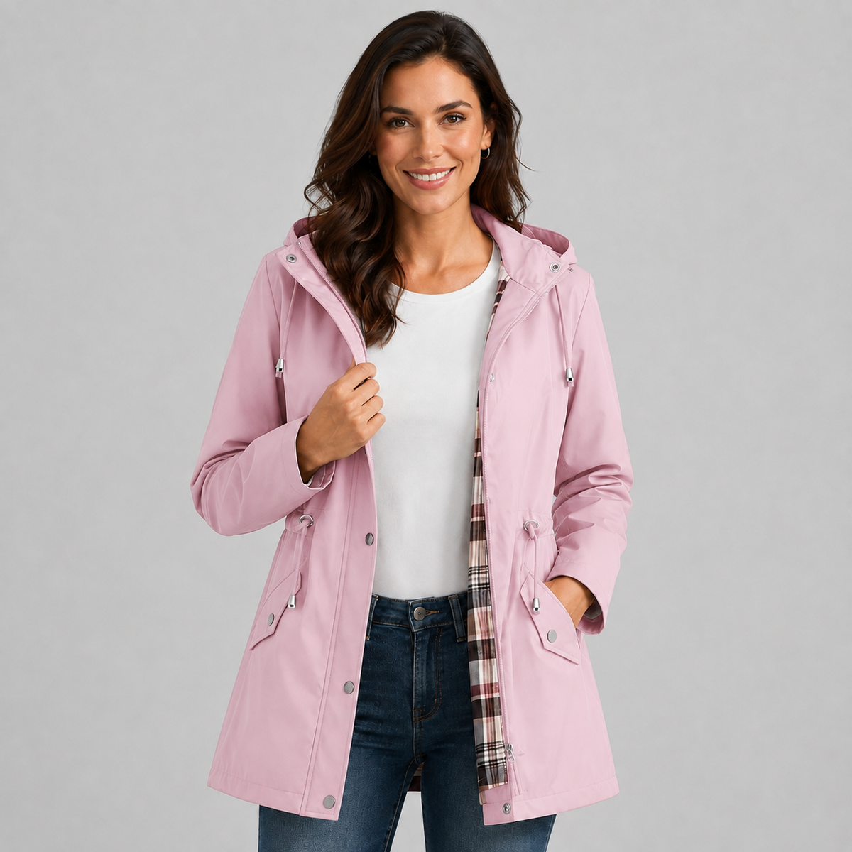 Antonia | Women's Hooded Plaid Lined Drawstring Spring Rain Jacket