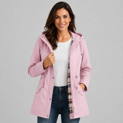 Antonia | Women's Hooded Plaid Lined Drawstring Spring Rain Jacket