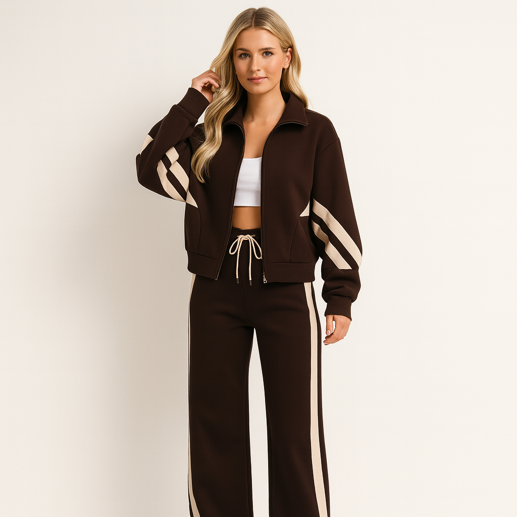 Clemente | Women's Striped Zip-Up Track Jacket and Wide Leg Pants Two-Piece Set