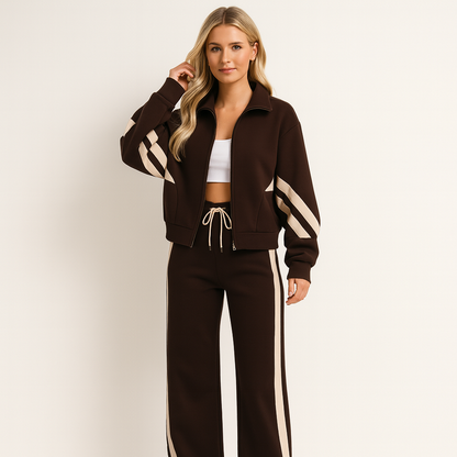 Clemente | Women's Striped Zip-Up Track Jacket and Wide Leg Pants Two-Piece Set