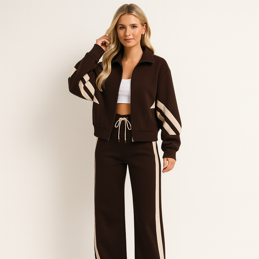 Clemente | Women's Striped Zip-Up Track Jacket and Wide Leg Pants Two-Piece Set