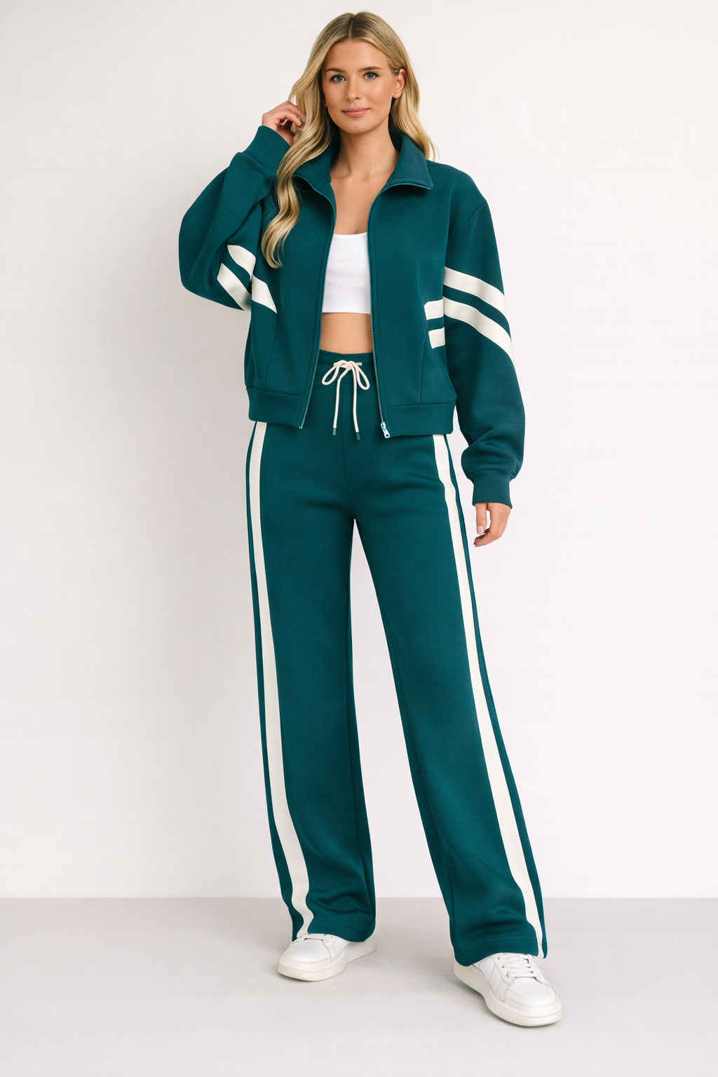 Clemente | Women's Striped Zip-Up Track Jacket and Wide Leg Pants Two-Piece Set