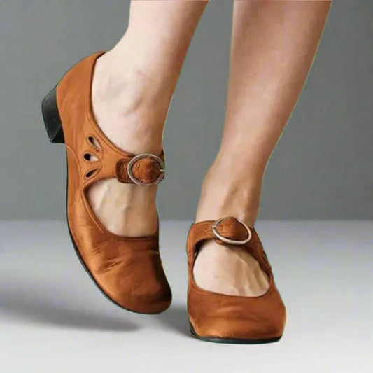 Jacqueline | Women's Retro Mary Jane Low Block Heel Cutout Buckle Shoe
